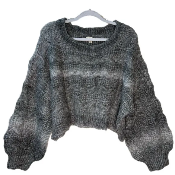 POL Women’s Small Boxy Bubble Sleeve Grey Ombre Chunky Knit Cropped Sweater NWOT