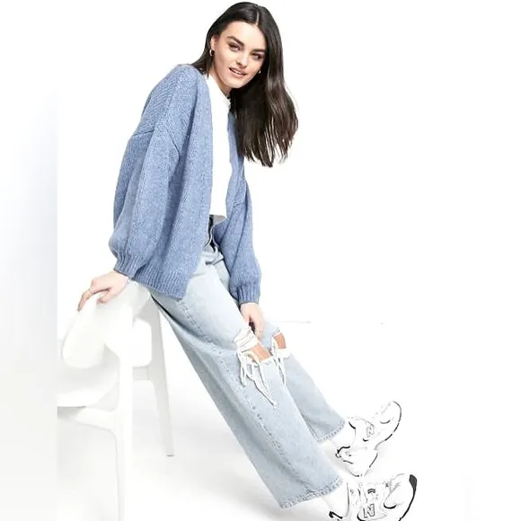 POL | Wool Cardigan Sweater Jumper in Dusty Blue Knit Button Front - L
