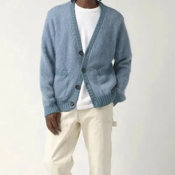 POL | Wool Cardigan Sweater Jumper in Dusty Blue Knit Button Front - L