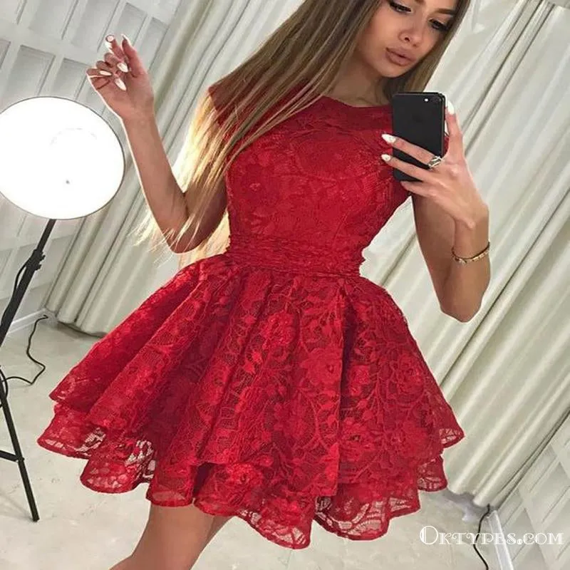 Pretty Round Neck Short Cheap Red Lace Homecoming Party Dresses, TYP1044