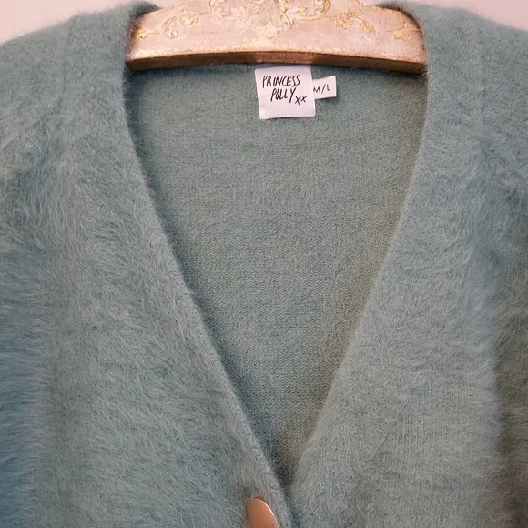 Princess Polly NEW Merlo Fuzzy Green V Neck Cardigan Sweater Medium Large