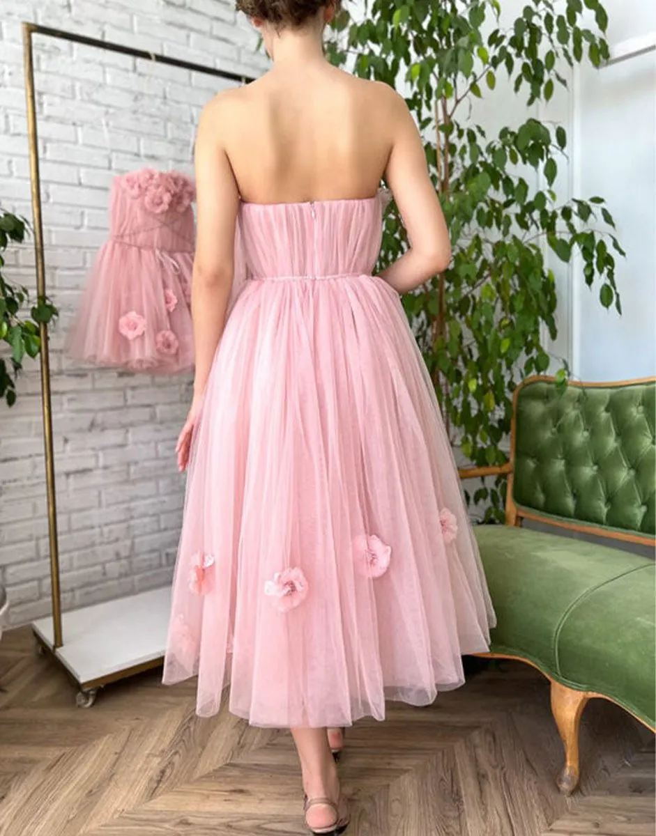 Princess Strapless Prom Dresses with Flowers