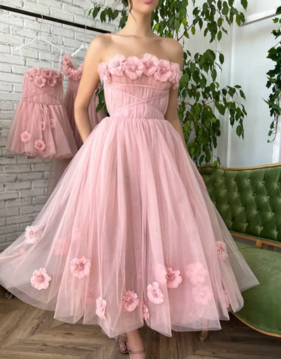 Princess Strapless Prom Dresses with Flowers