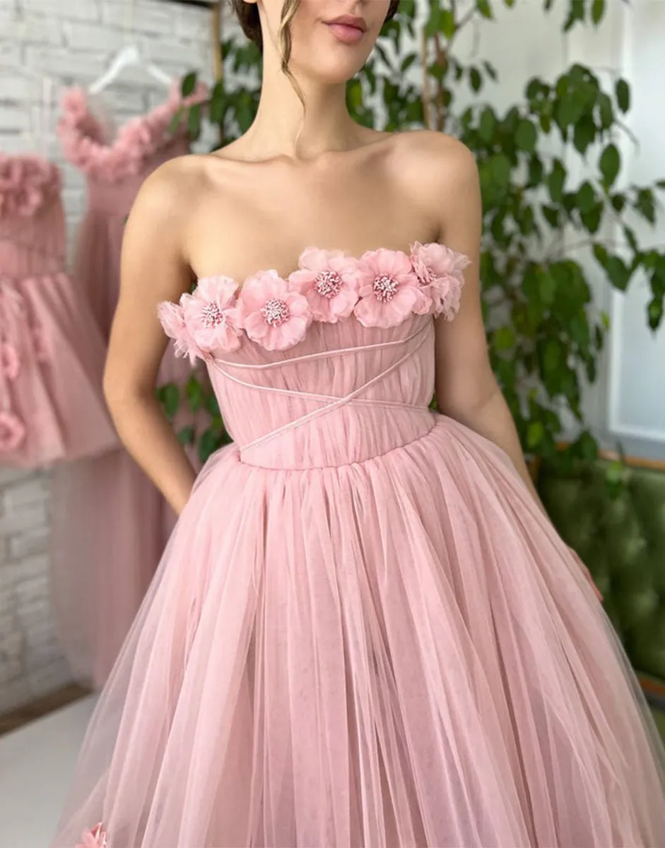 Princess Strapless Prom Dresses with Flowers