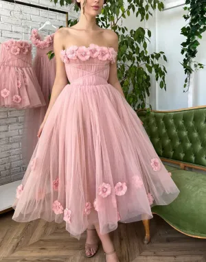 Princess Strapless Prom Dresses with Flowers