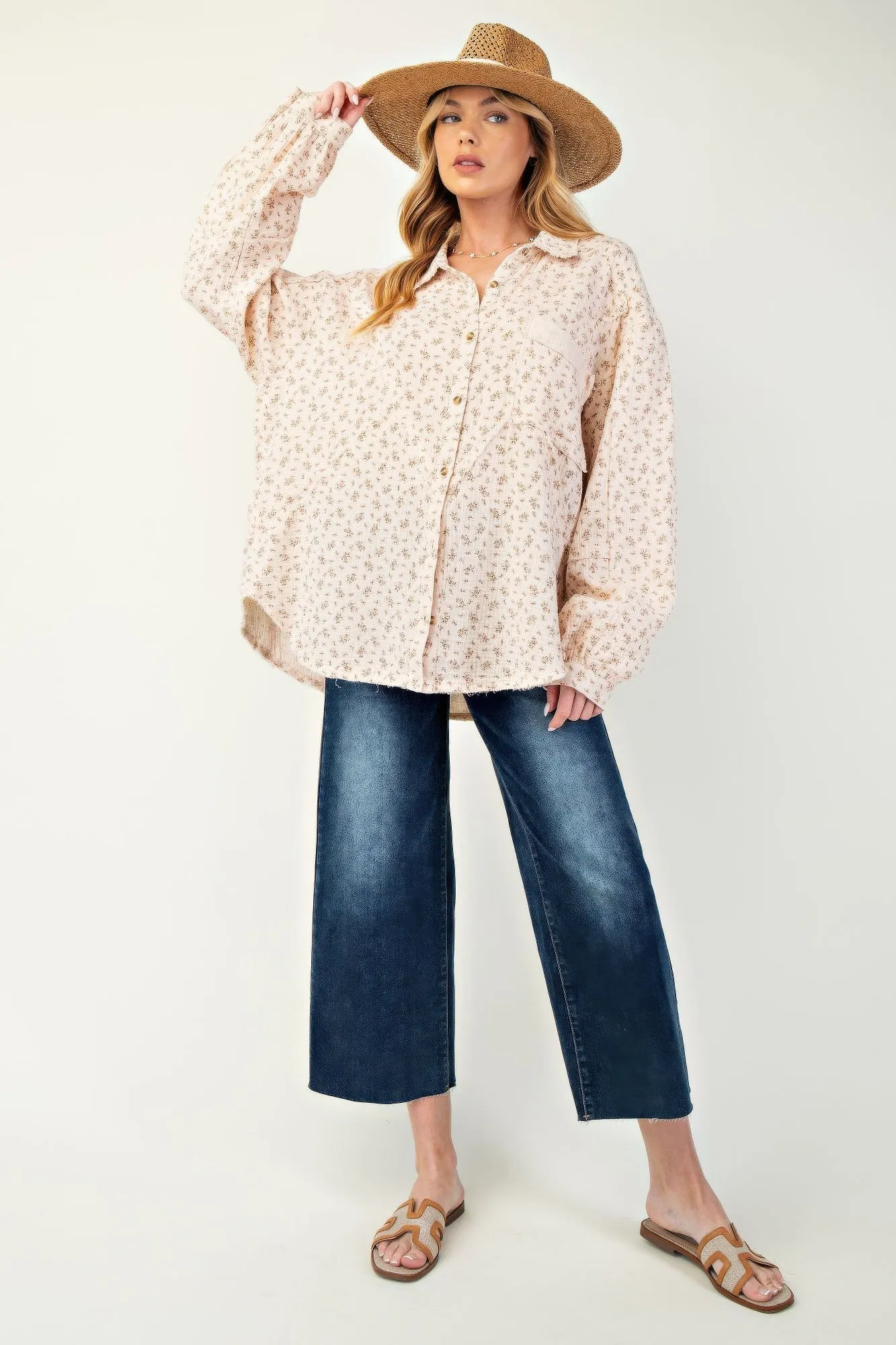 Printed cotton gauze button down woven shirt