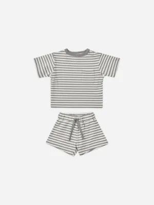 Quincy Mae Boxy Pocket Tee and Short Set - Lagoon Stripe