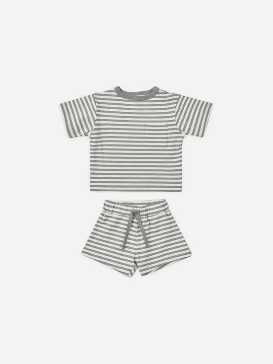 Quincy Mae Boxy Pocket Tee and Short Set - Lagoon Stripe