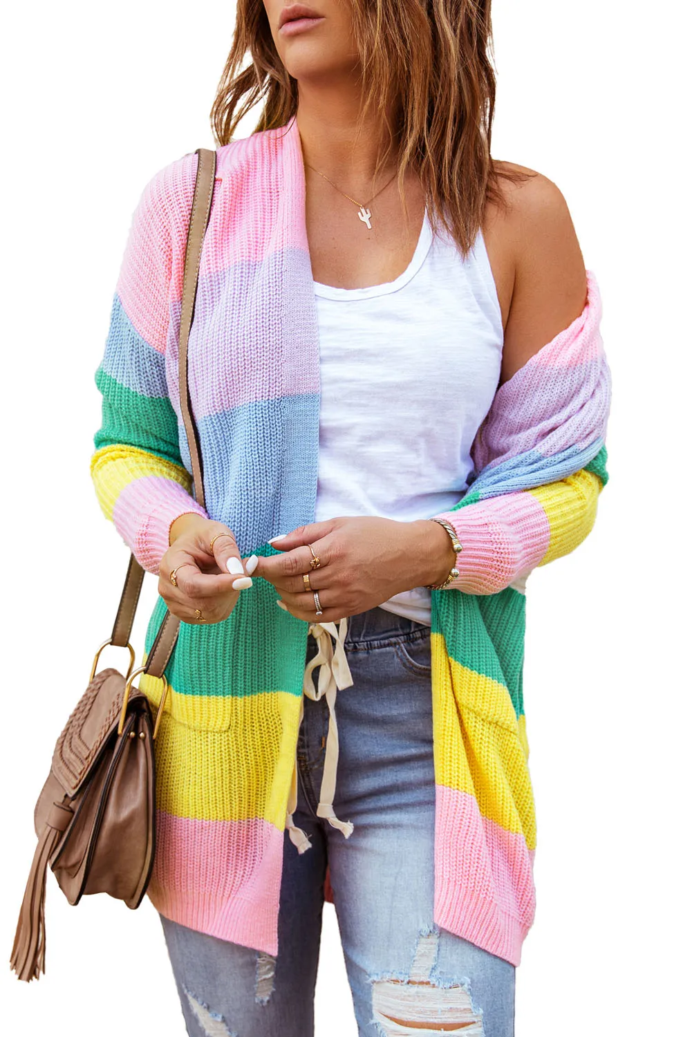 Rainbow Color Block Open Front Drape Oversized Knitted Cardigan