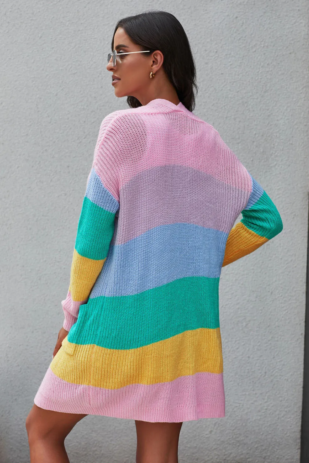 Rainbow Color Block Open Front Drape Oversized Knitted Cardigan