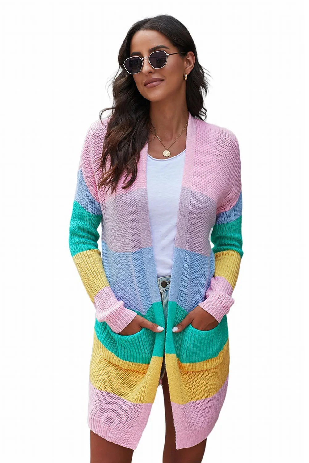 Rainbow Color Block Open Front Drape Oversized Knitted Cardigan