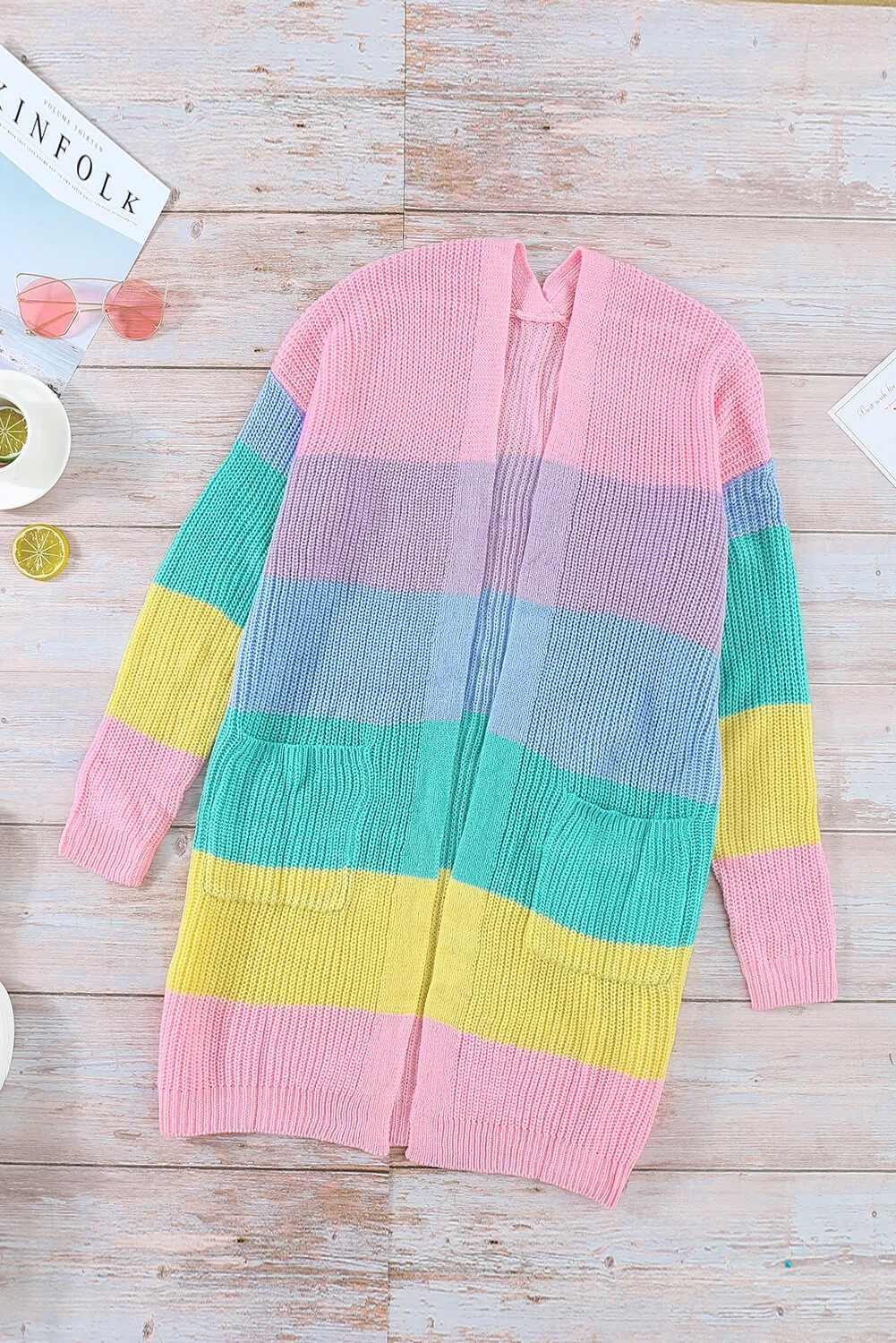 Rainbow Color Block Open Front Drape Oversized Knitted Cardigan