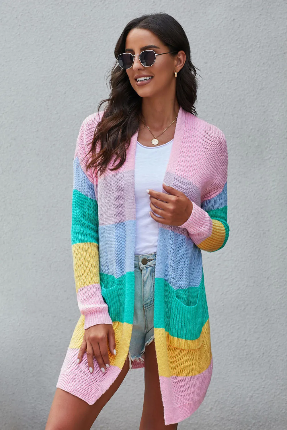 Rainbow Color Block Open Front Drape Oversized Knitted Cardigan