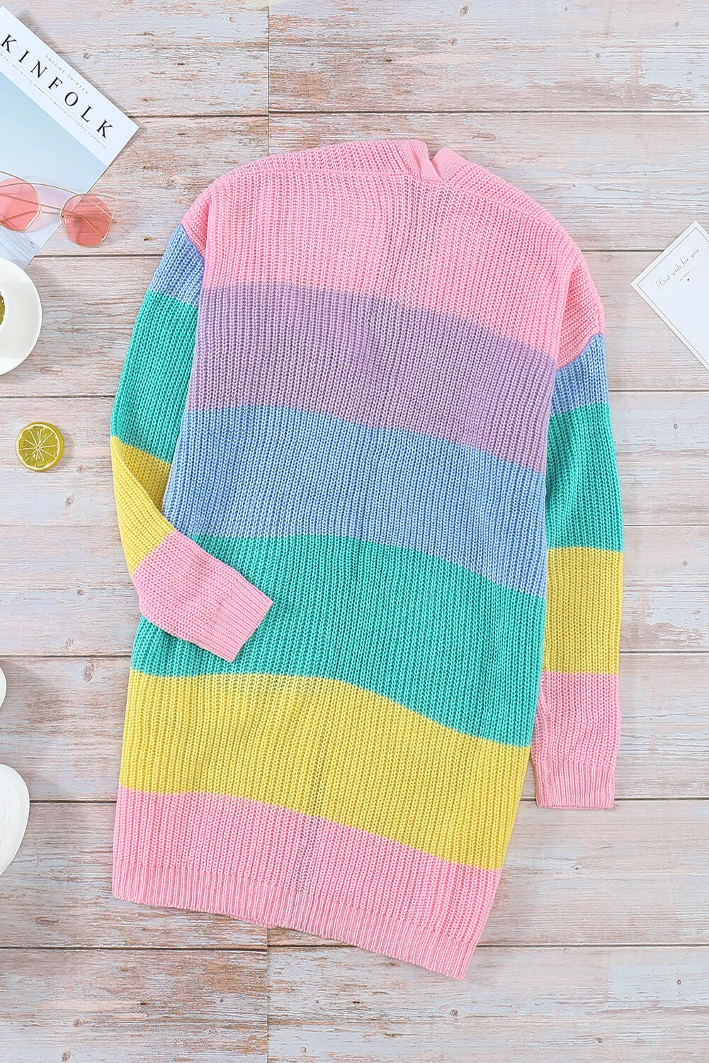 Rainbow Color Block Open Front Drape Oversized Knitted Cardigan