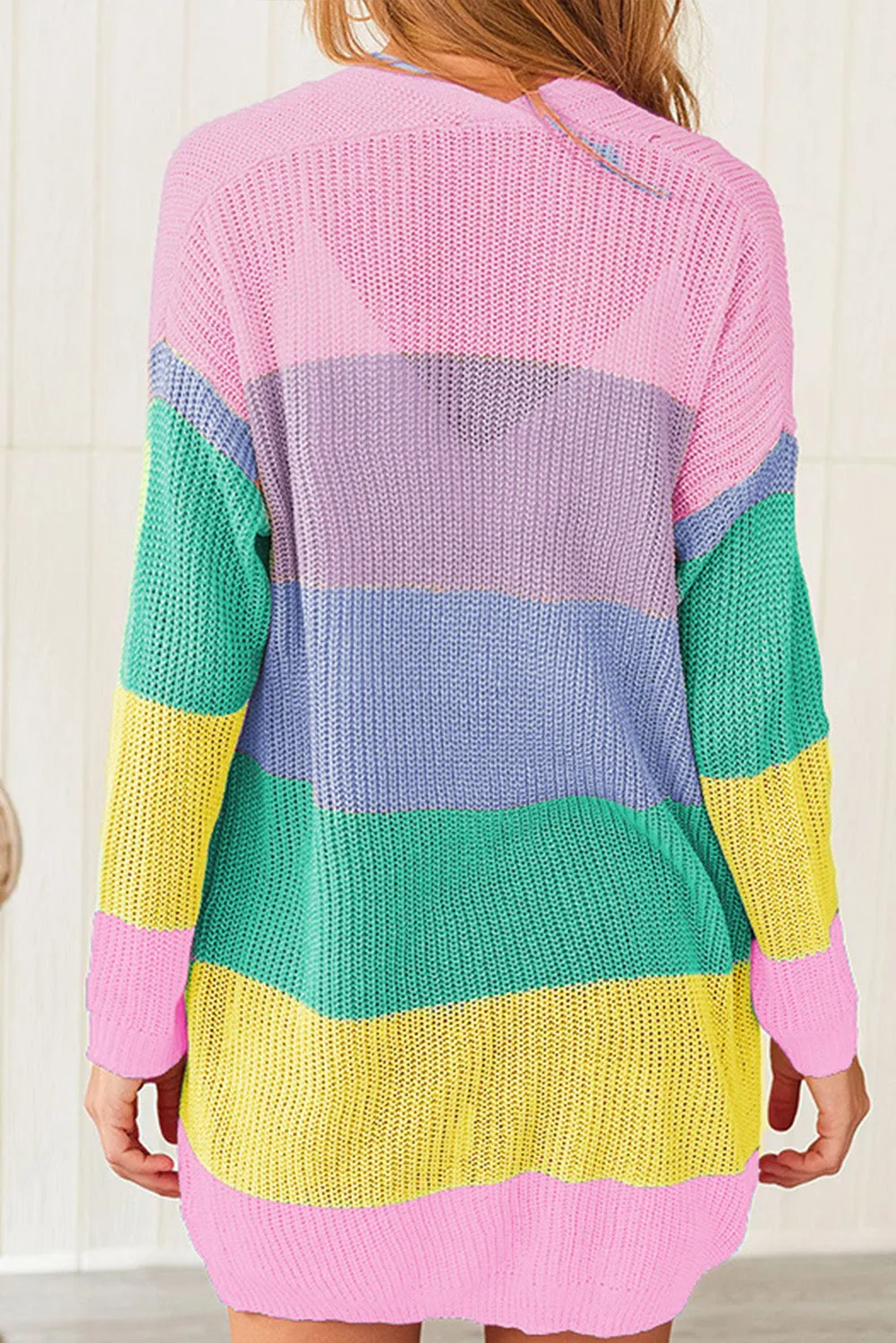 Rainbow Color Block Open Front Drape Oversized Knitted Cardigan