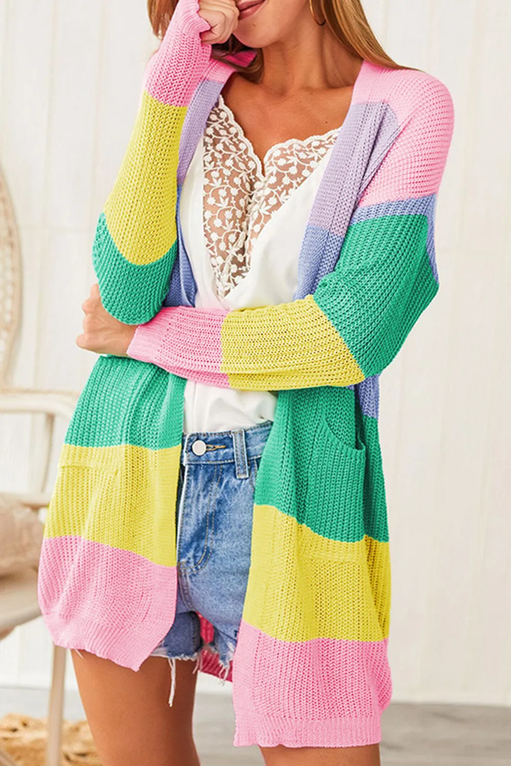 Rainbow Color Block Open Front Drape Oversized Knitted Cardigan