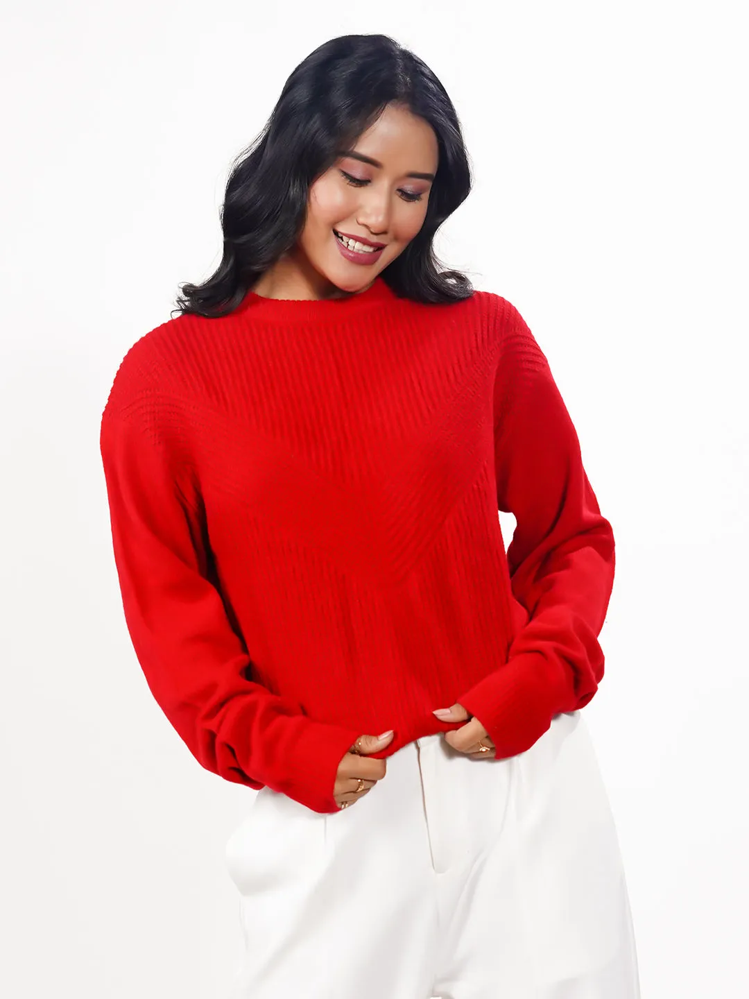 Red Solid Slip-On Sweater