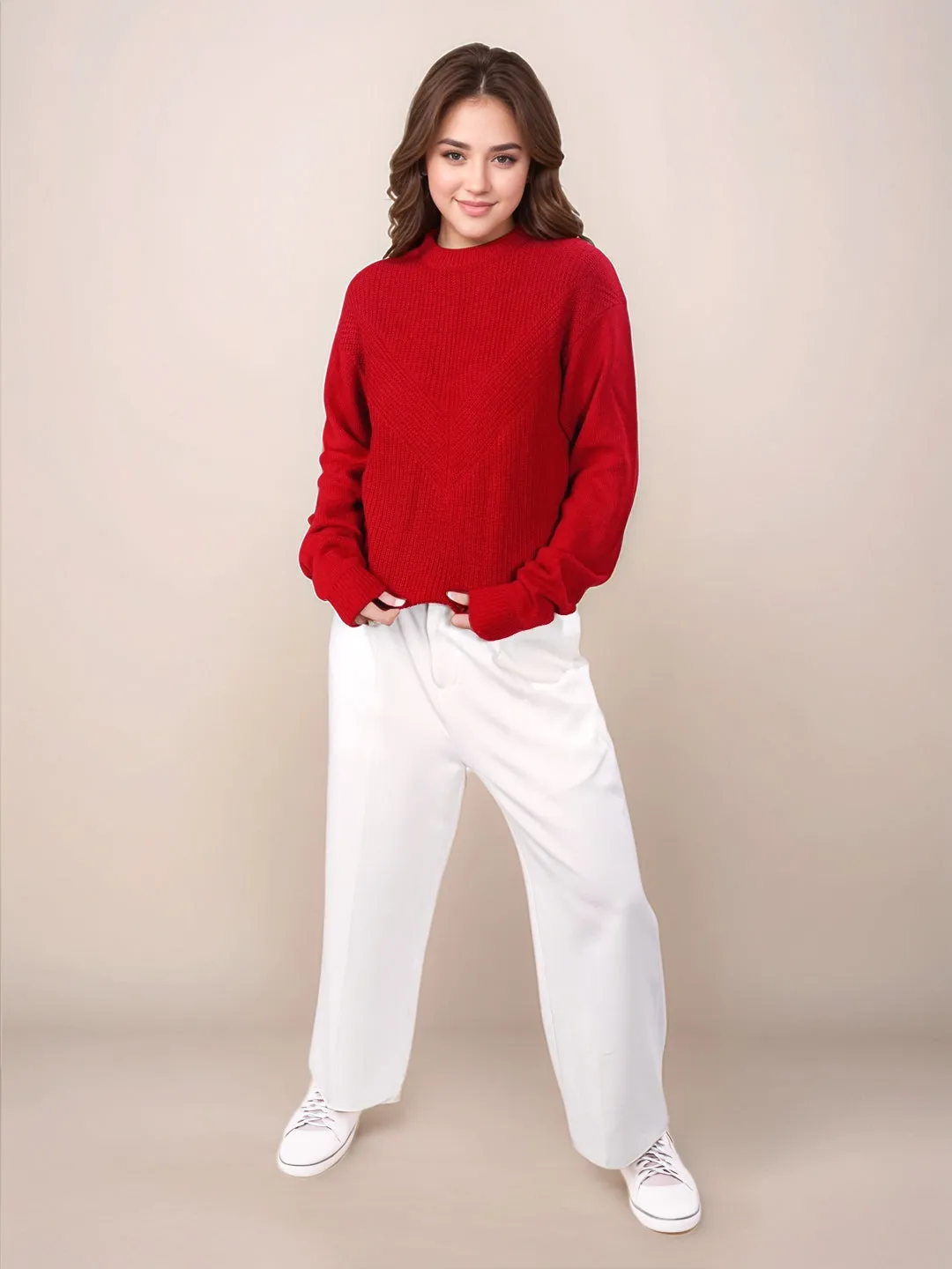 Red Solid Slip-On Sweater