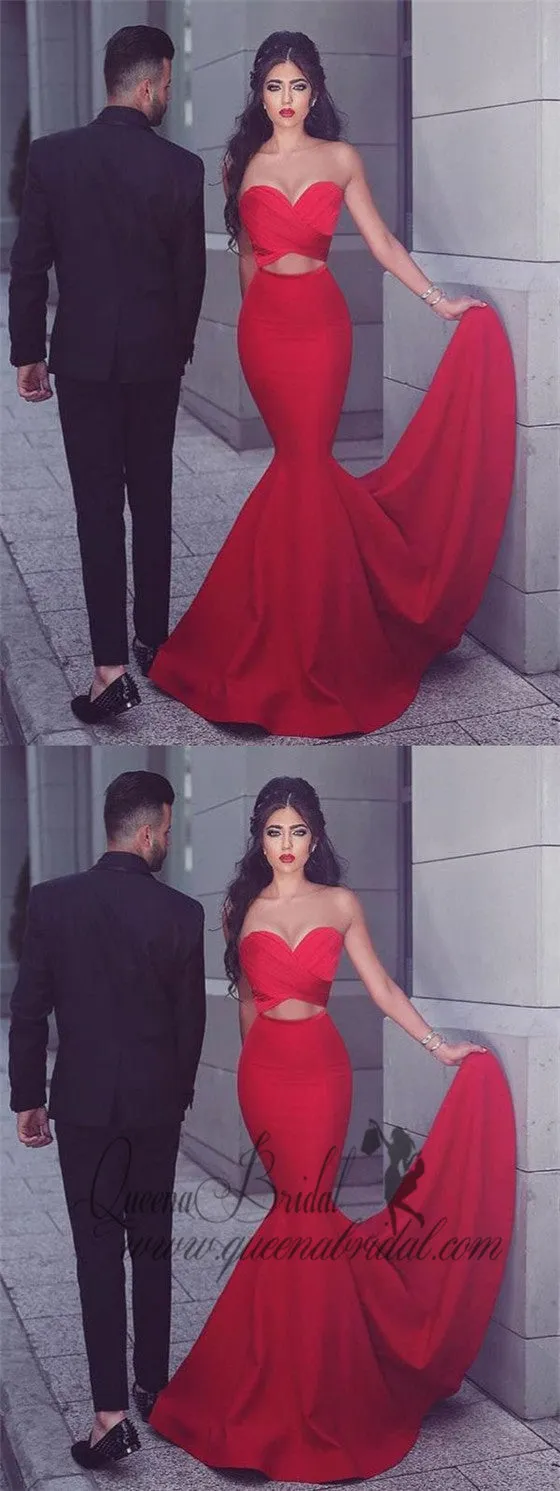 Red Strapless Sweetheart Neck Simple Cheap Mermaid Prom Dresses, QB0297
