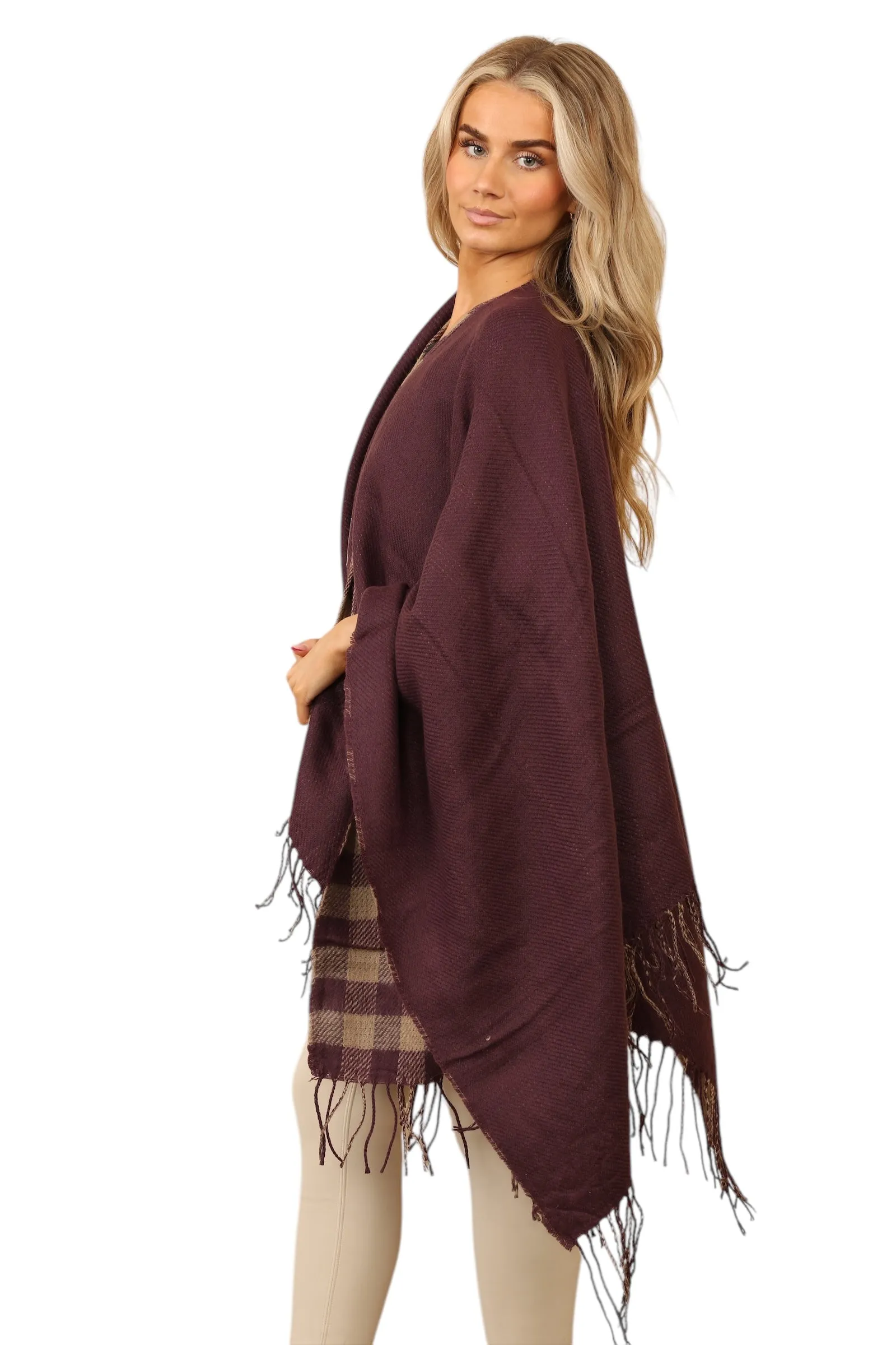 Reversible Plain Check Print Oversized Shawl