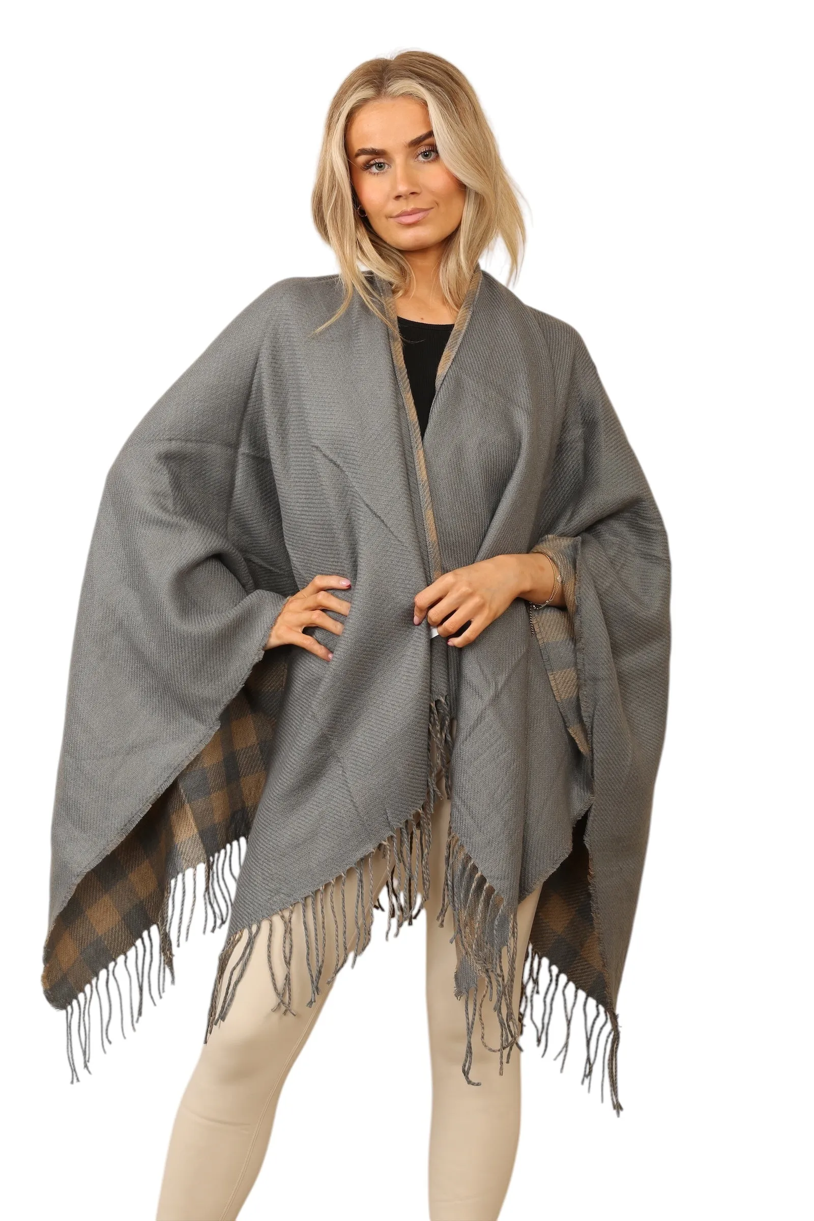 Reversible Plain Check Print Oversized Shawl