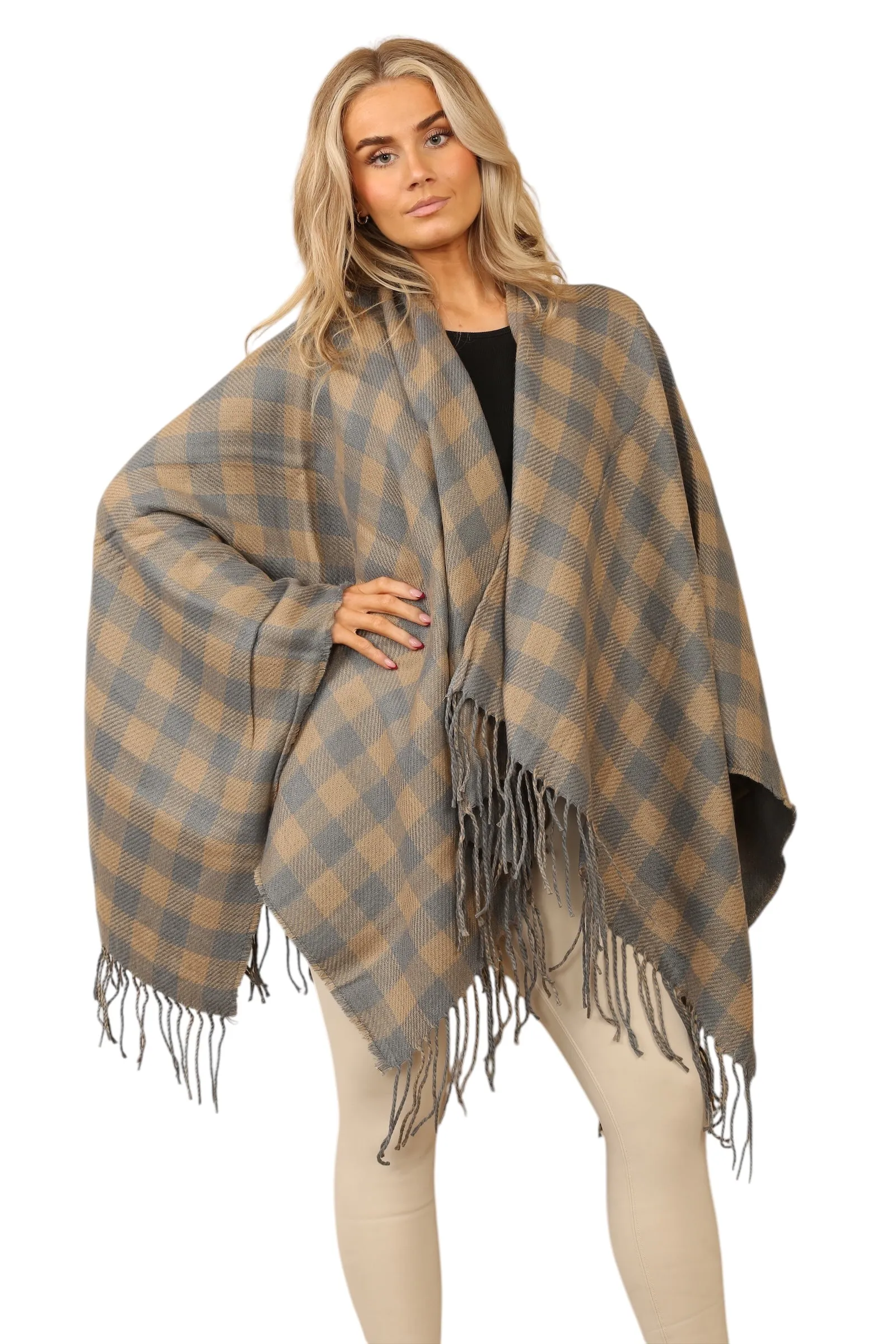 Reversible Plain Check Print Oversized Shawl