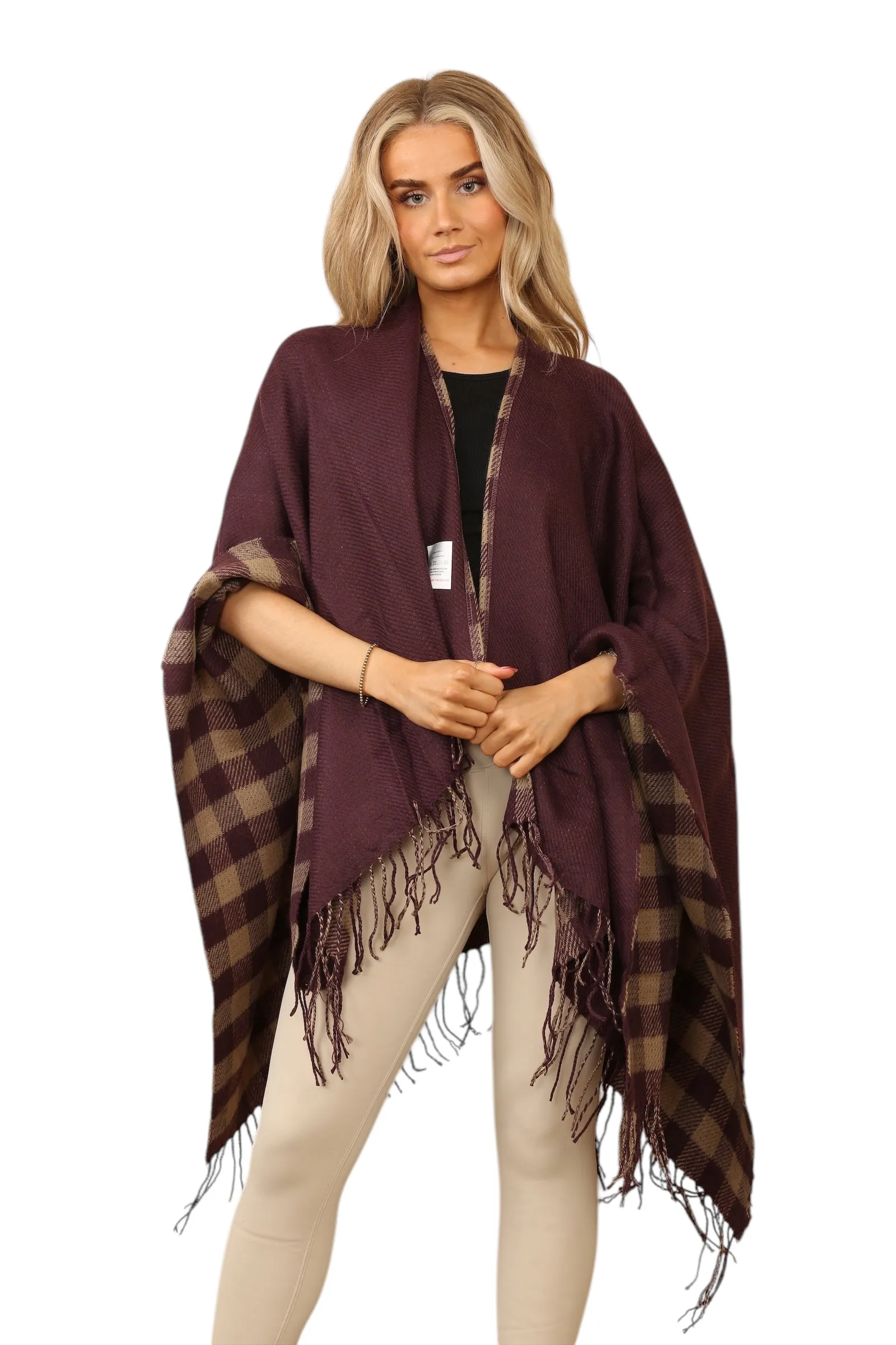 Reversible Plain Check Print Oversized Shawl