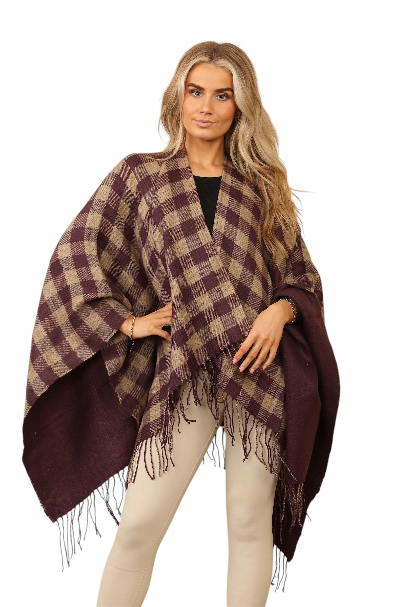 Reversible Plain Check Print Oversized Shawl