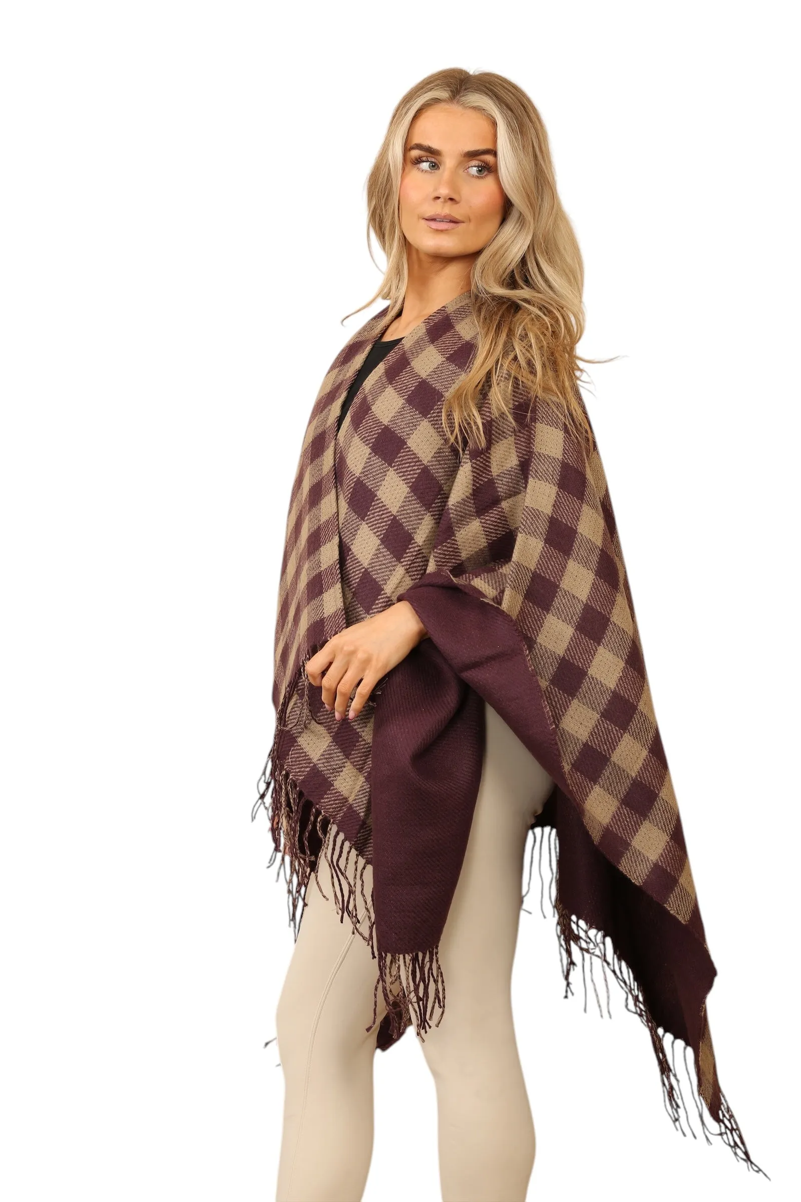 Reversible Plain Check Print Oversized Shawl