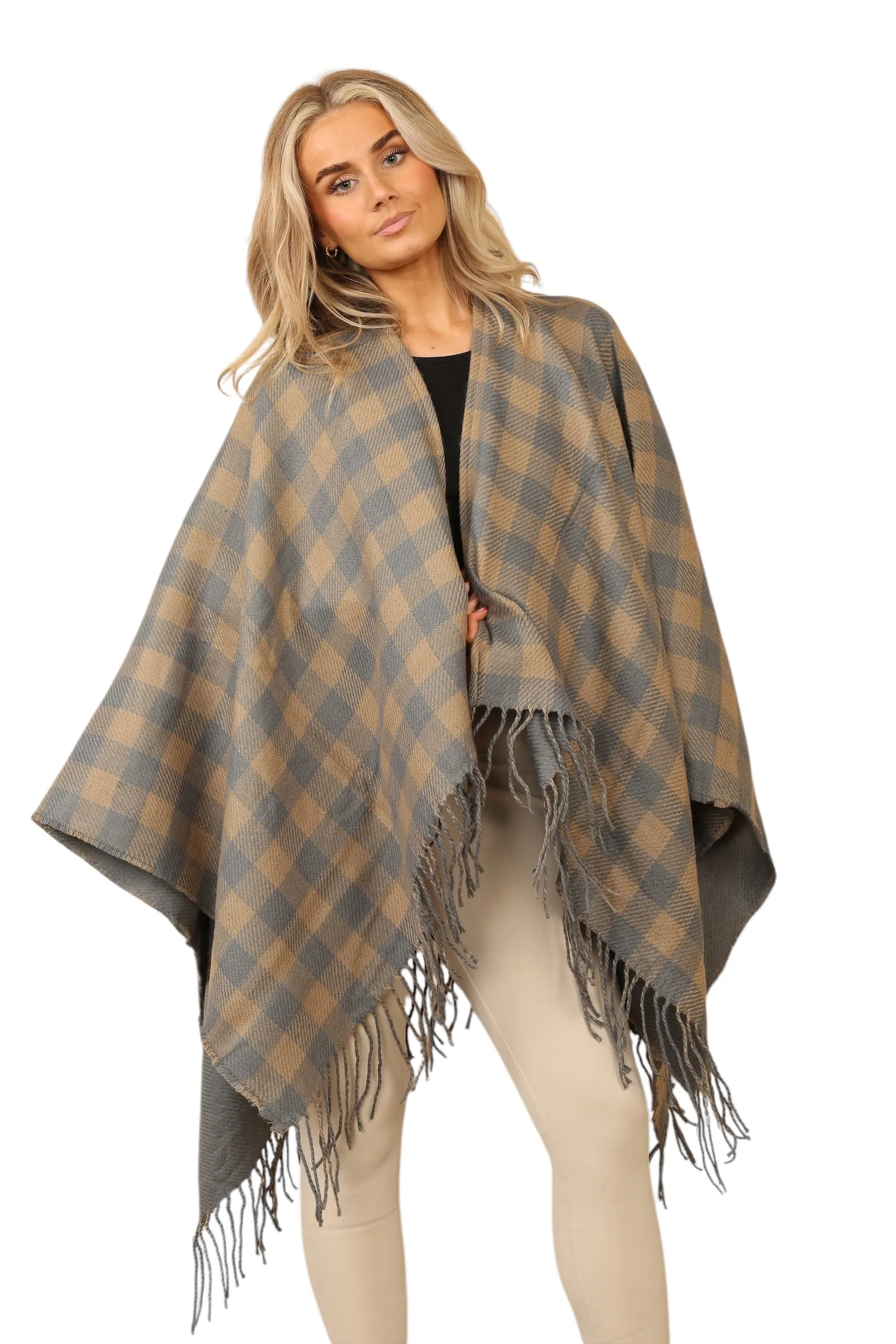 Reversible Plain Check Print Oversized Shawl