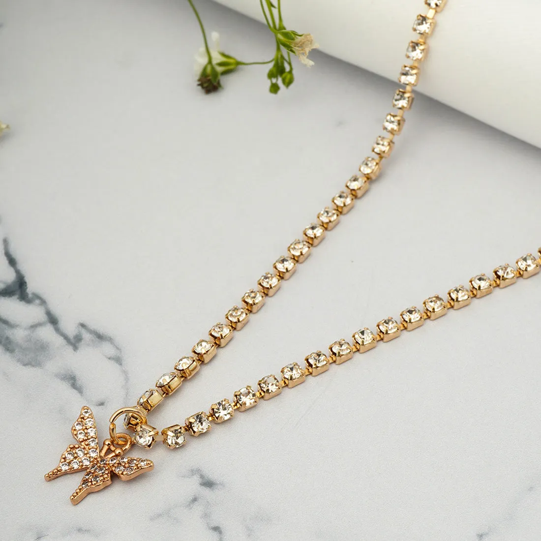 Rhinestone Studded Butterfly Necklace