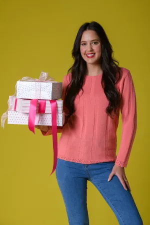Rib and Pointelle Sweater - Coral