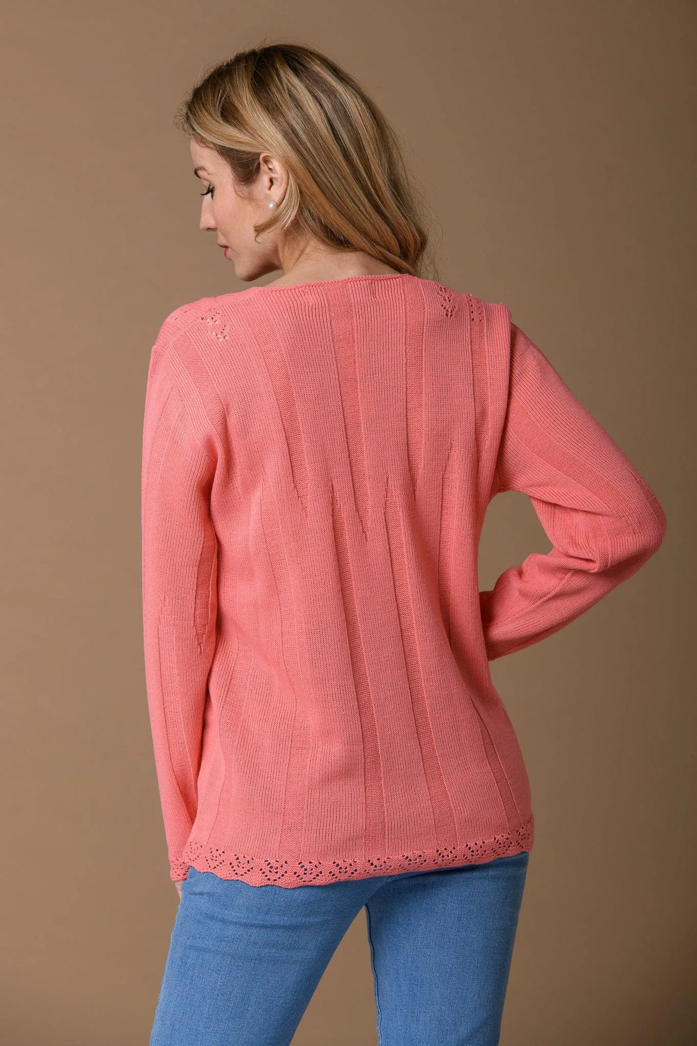 Rib and Pointelle Sweater - Coral