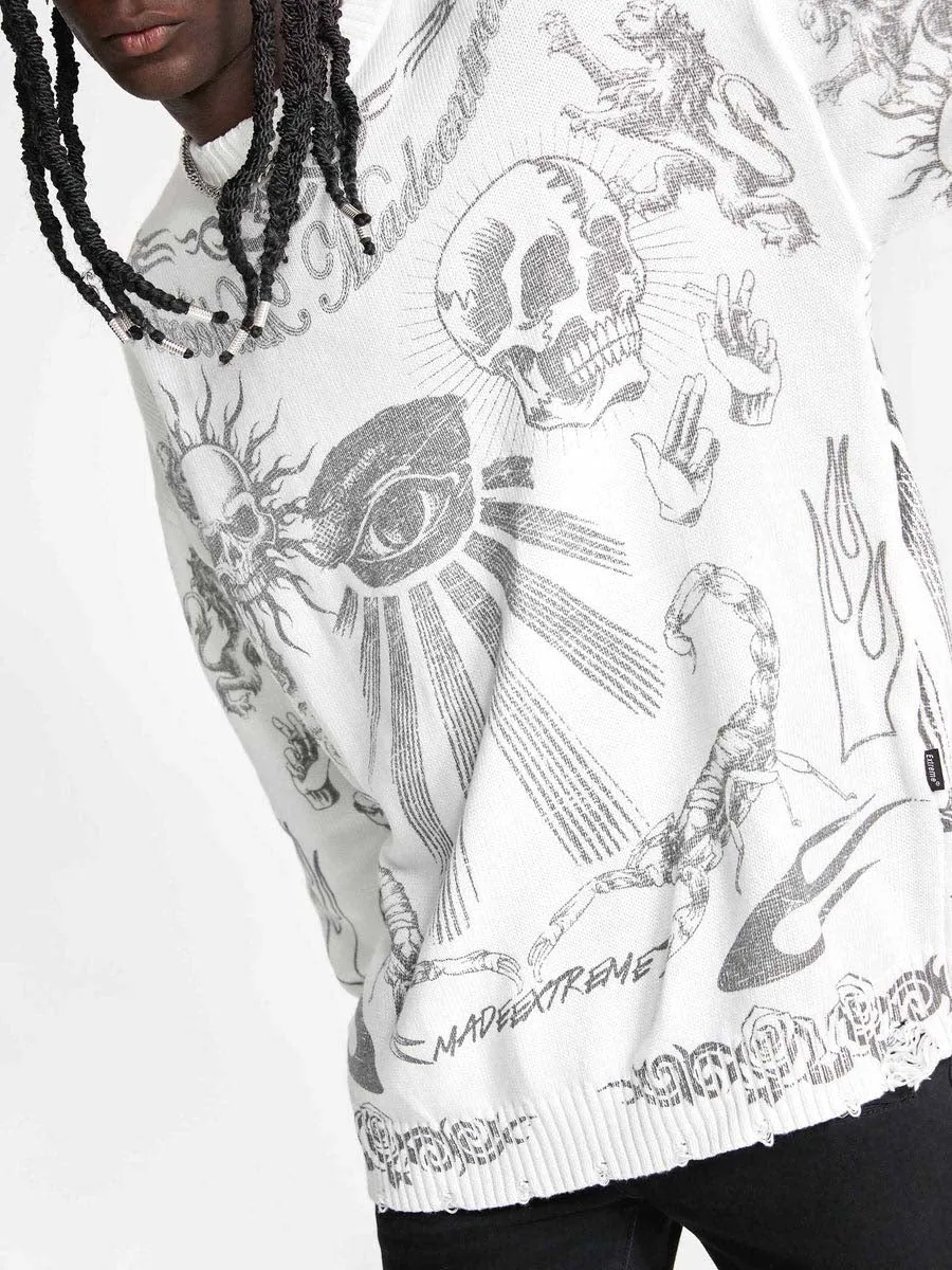 Rimiro - Skull Print Distressed Sweater