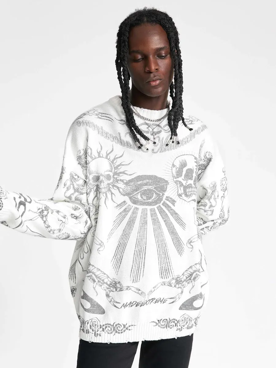 Rimiro - Skull Print Distressed Sweater