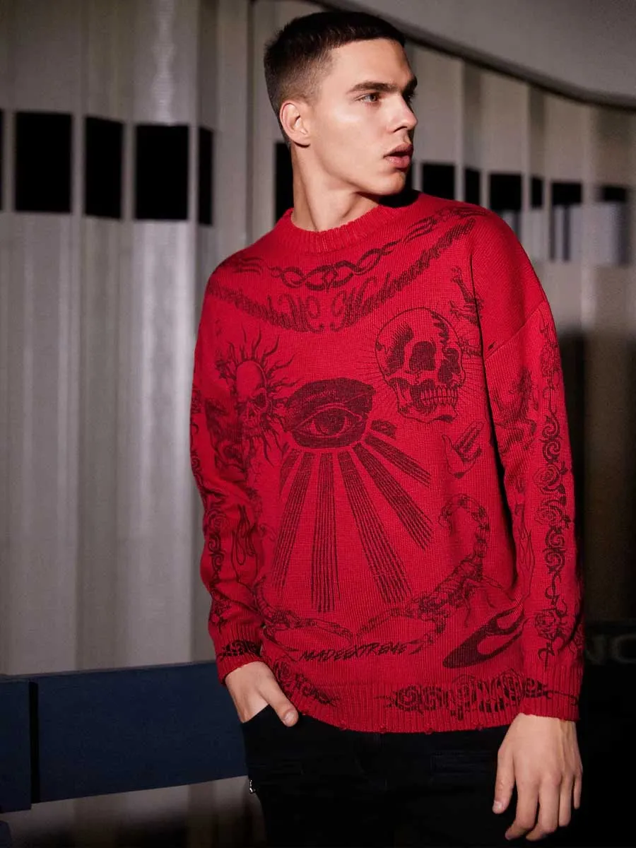 Rimiro - Skull Print Distressed Sweater