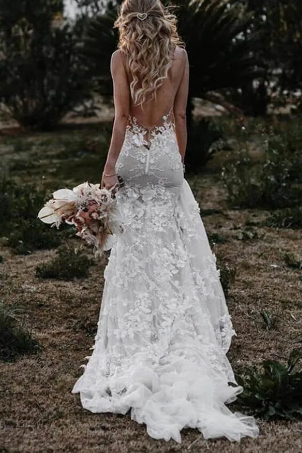 Roycebridal Tulle Lace Mermaid V Neck Wedding Dresses, Beach Wedding Dress, MW543
