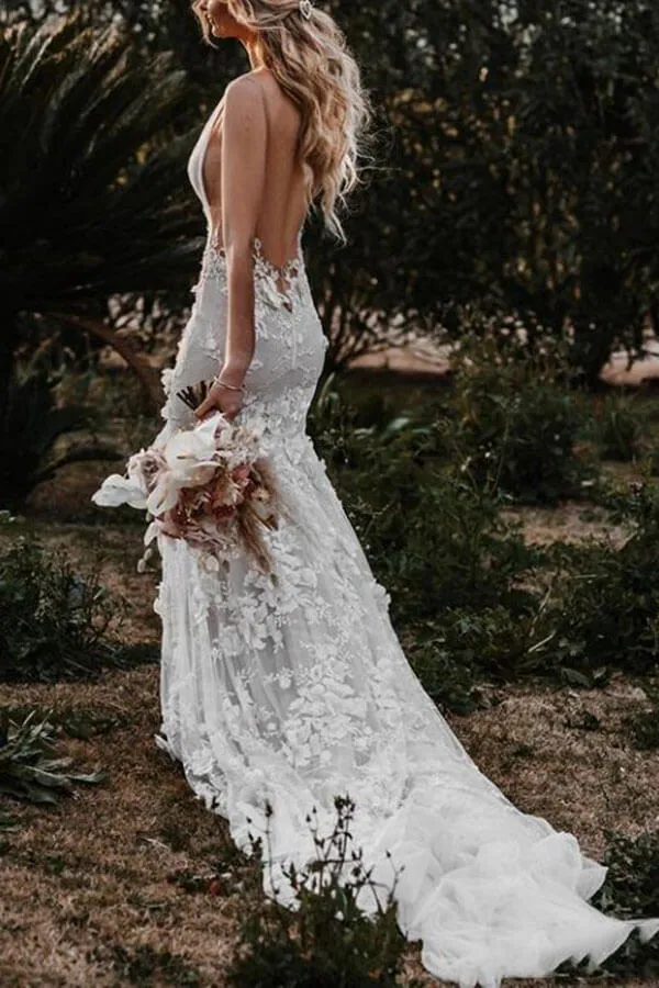 Roycebridal Tulle Lace Mermaid V Neck Wedding Dresses, Beach Wedding Dress, MW543