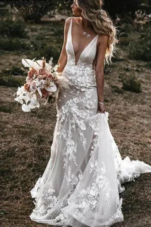 Roycebridal Tulle Lace Mermaid V Neck Wedding Dresses, Beach Wedding Dress, MW543