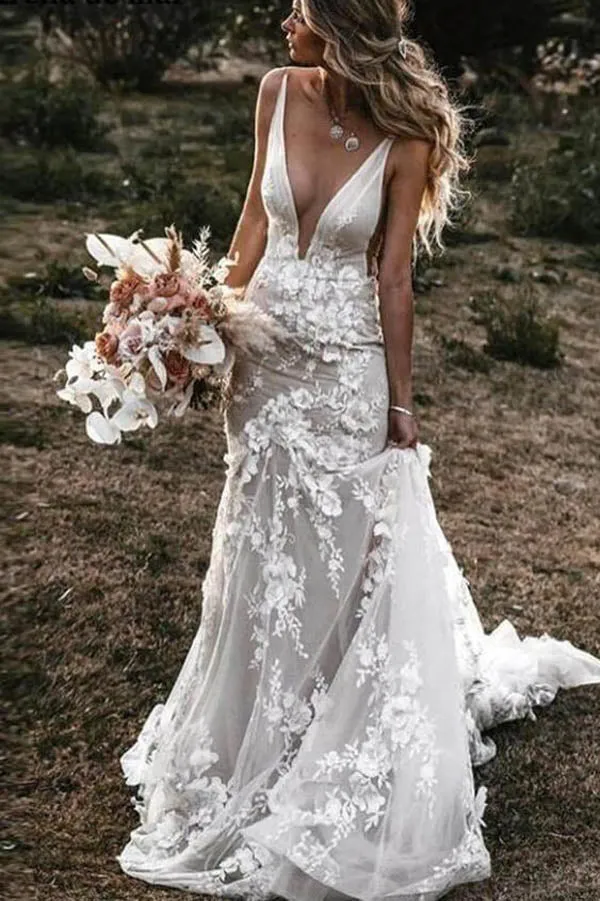 Roycebridal Tulle Lace Mermaid V Neck Wedding Dresses, Beach Wedding Dress, MW543
