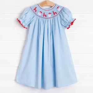 Santa's Coming Smocked Dress, Light Blue