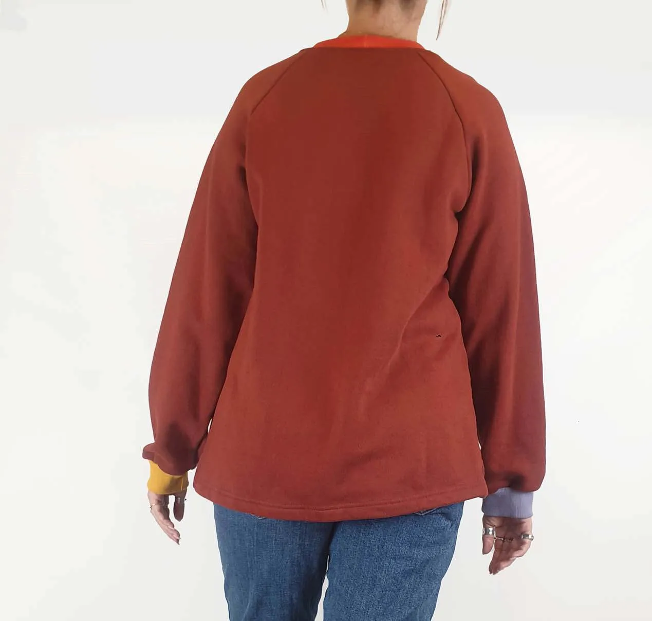Seagrass Designs red jumper with colourful cuffs size M/12