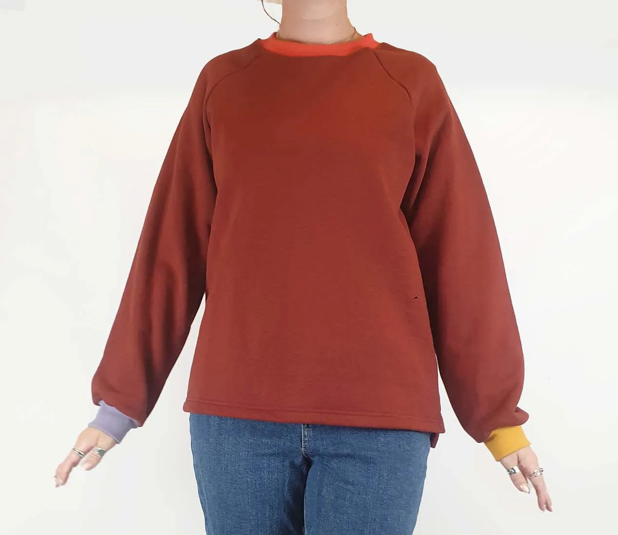 Seagrass Designs red jumper with colourful cuffs size M/12