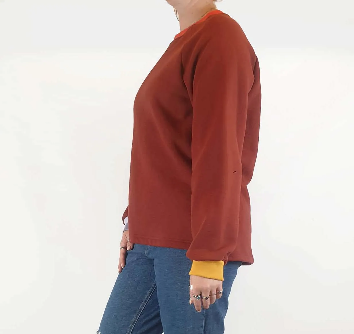 Seagrass Designs red jumper with colourful cuffs size M/12