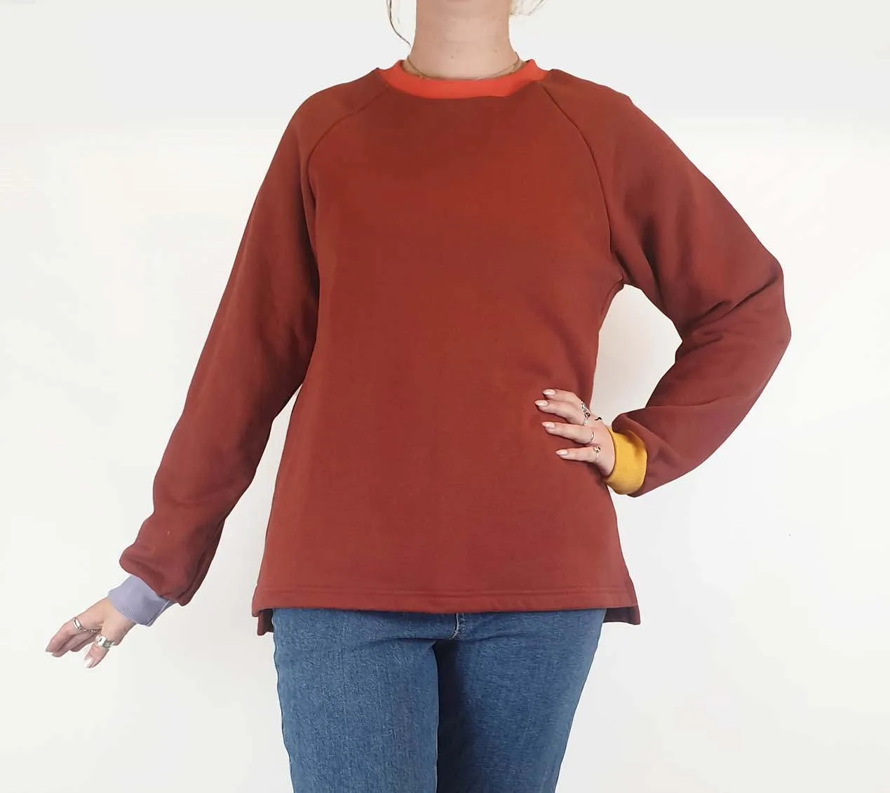 Seagrass Designs red jumper with colourful cuffs size M/12