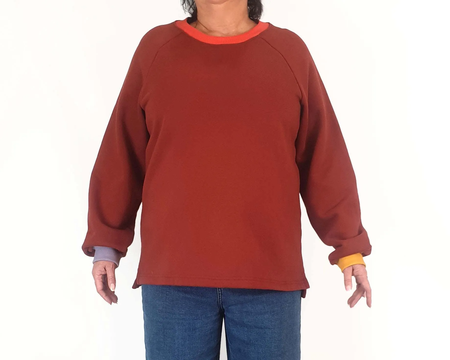 Seagrass Designs red jumper with colourful cuffs size XL