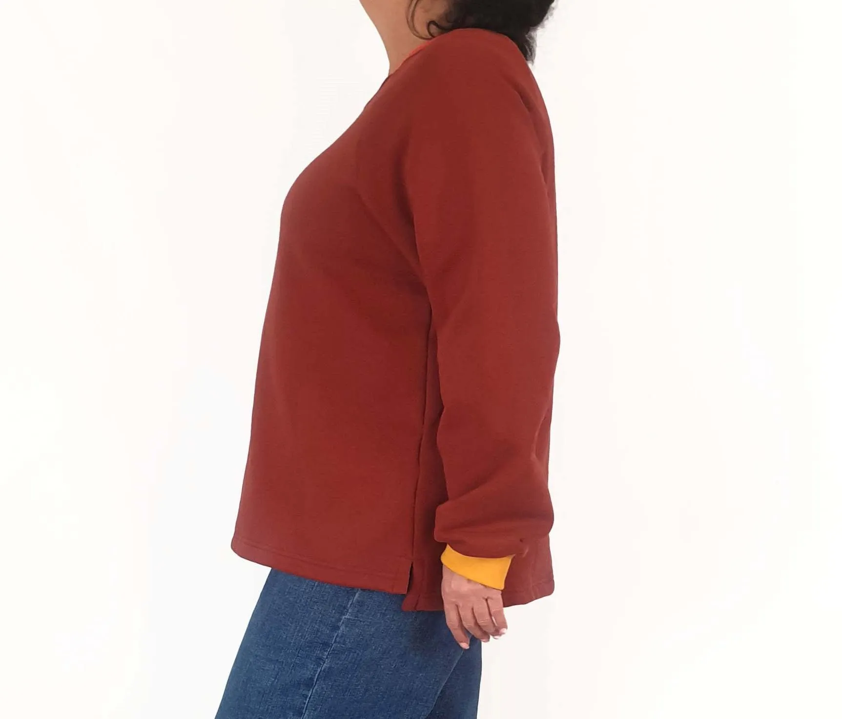 Seagrass Designs red jumper with colourful cuffs size XL