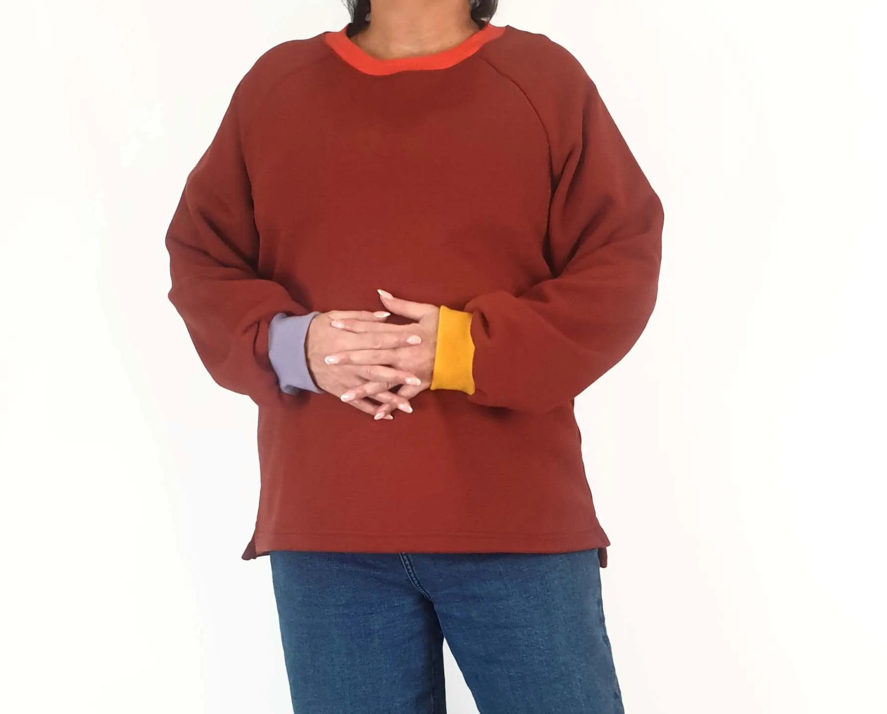 Seagrass Designs red jumper with colourful cuffs size XL
