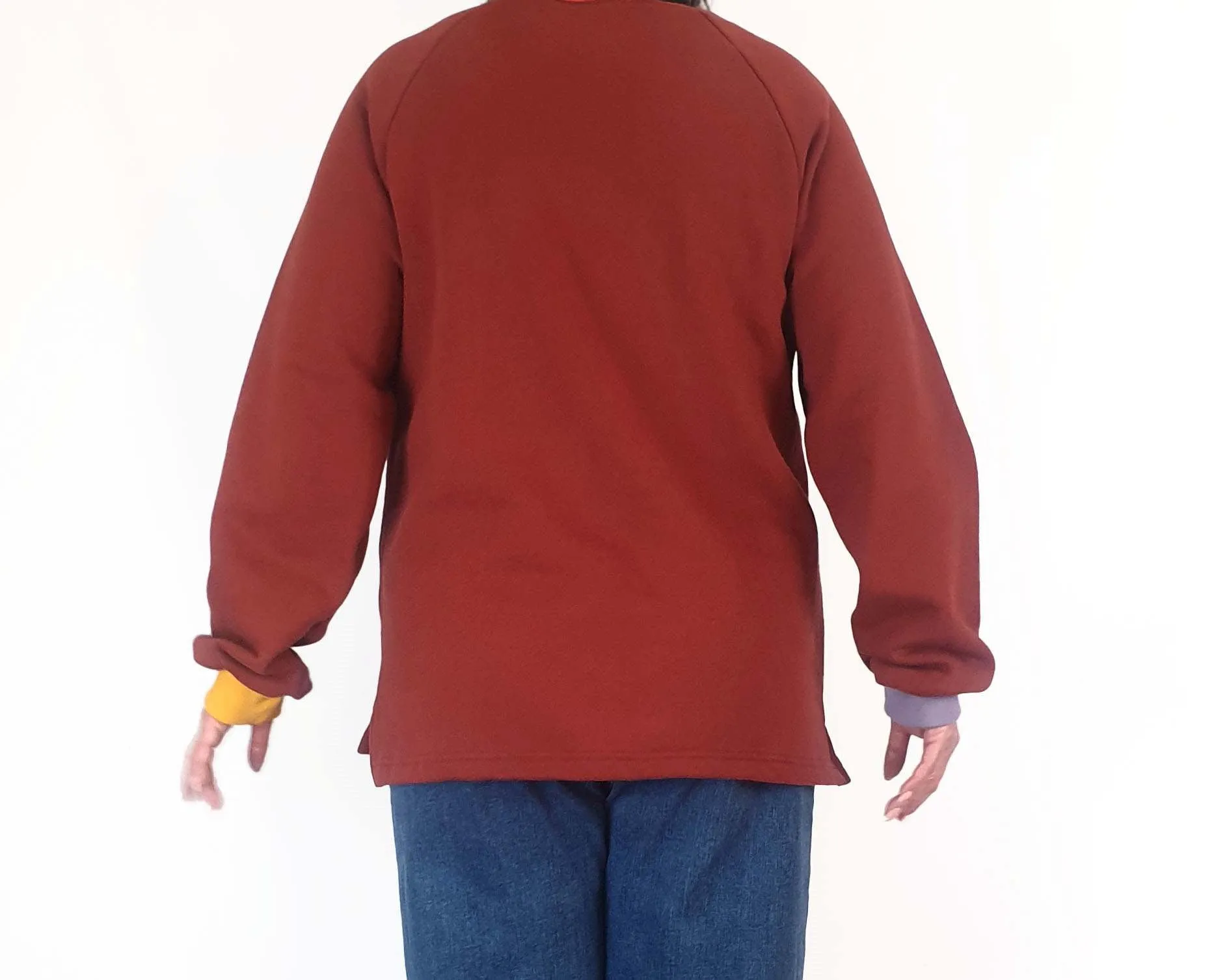 Seagrass Designs red jumper with colourful cuffs size XL