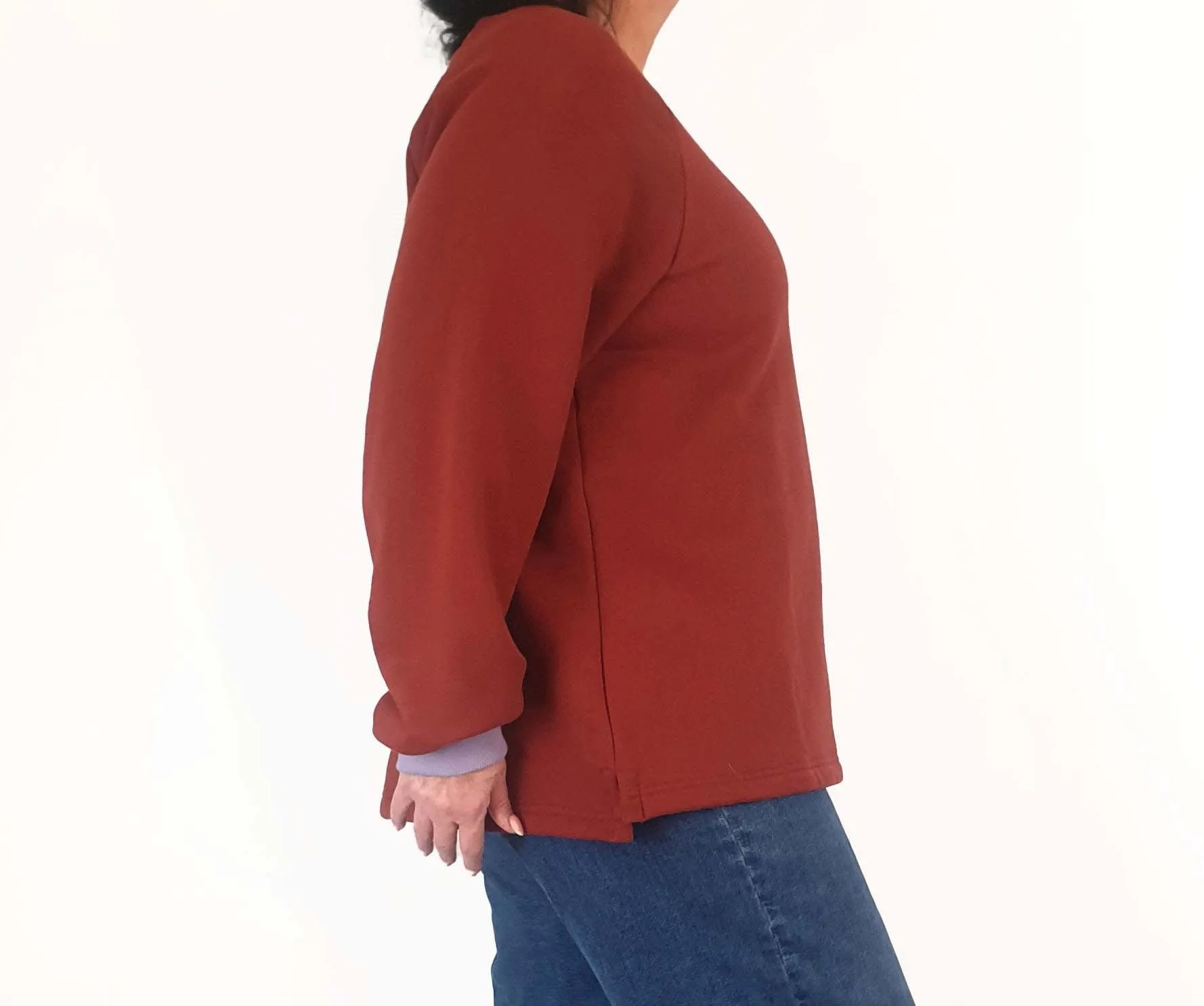 Seagrass Designs red jumper with colourful cuffs size XL